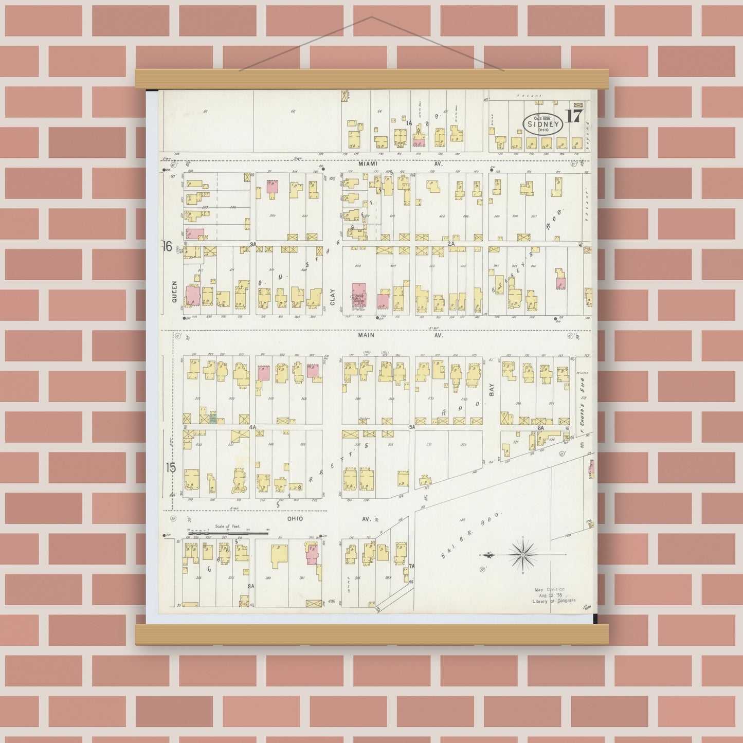 Old map wall art mockup — magnetic wood frame on brick wall — Sanborn Fire Insurance Map from Sidney, Shelby County, Ohio (1898), Sheet #0017