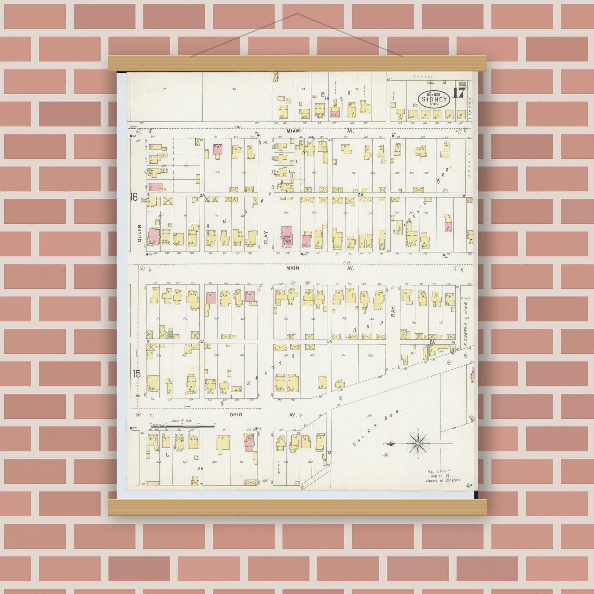 Old map wall art mockup — magnetic wood frame on brick wall — Sanborn Fire Insurance Map from Sidney, Shelby County, Ohio (1898), Sheet #0017