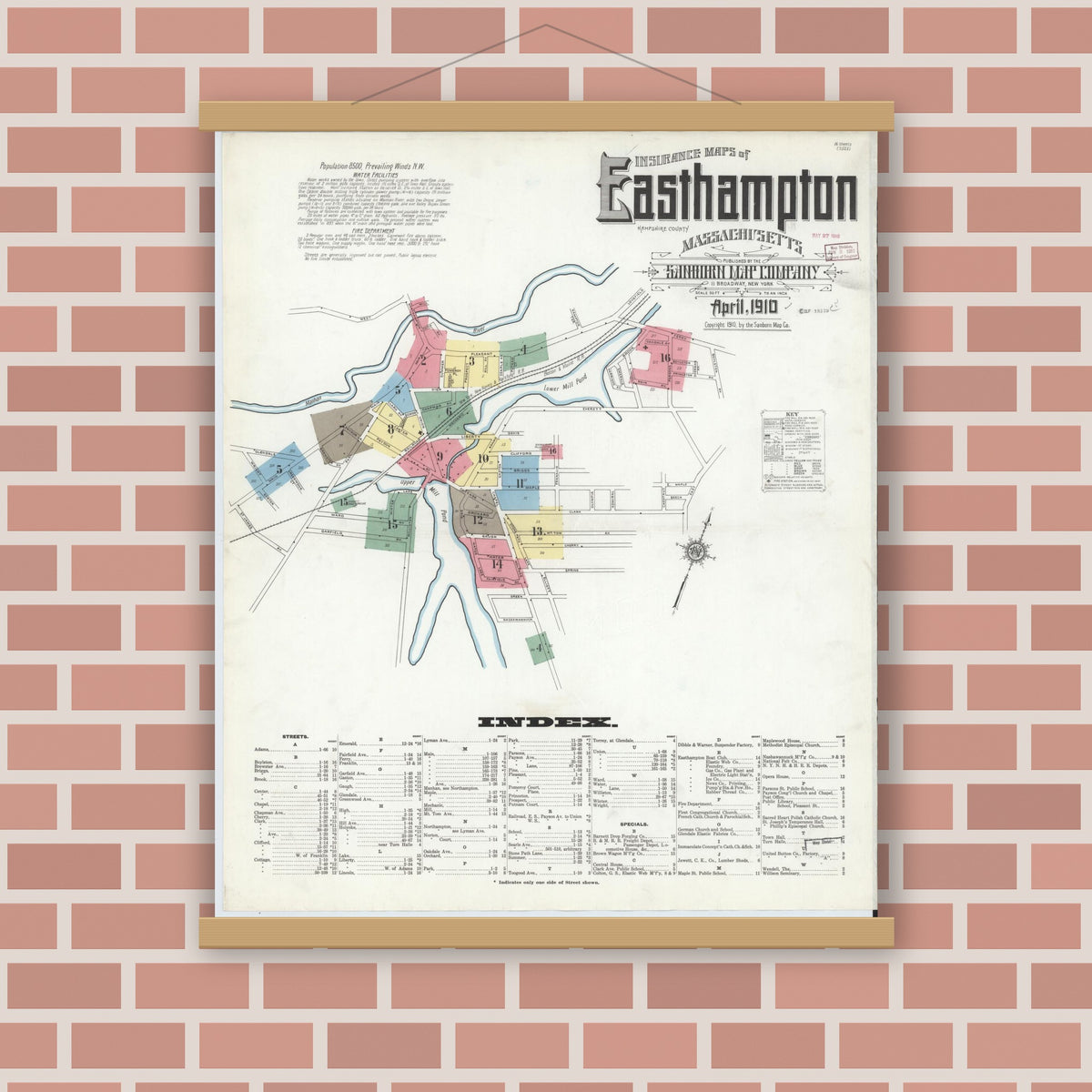 Old map wall art mockup — magnetic wood frame on brick wall — Sanborn Fire Insurance Map from East Hampton, Hampshire County, Massachusetts (1910), Sheet #0001