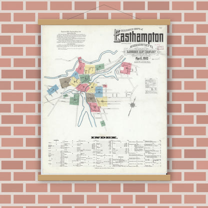Old map wall art mockup — magnetic wood frame on brick wall — Sanborn Fire Insurance Map from East Hampton, Hampshire County, Massachusetts (1910), Sheet #0001
