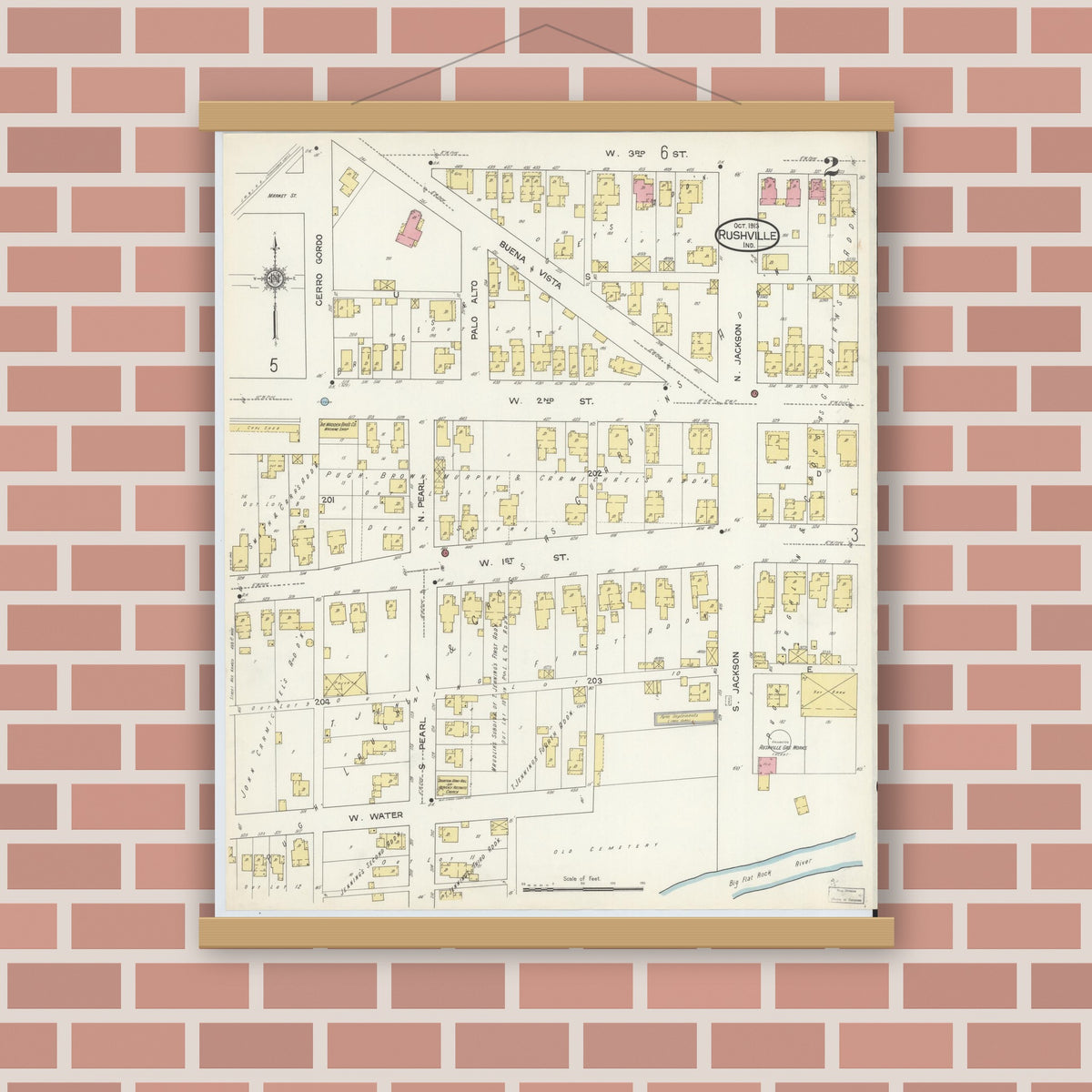 Old map wall art mockup — magnetic wood frame on brick wall — Sanborn Fire Insurance Map from Rushville, Rush County, Indiana (1913), Sheet #0002