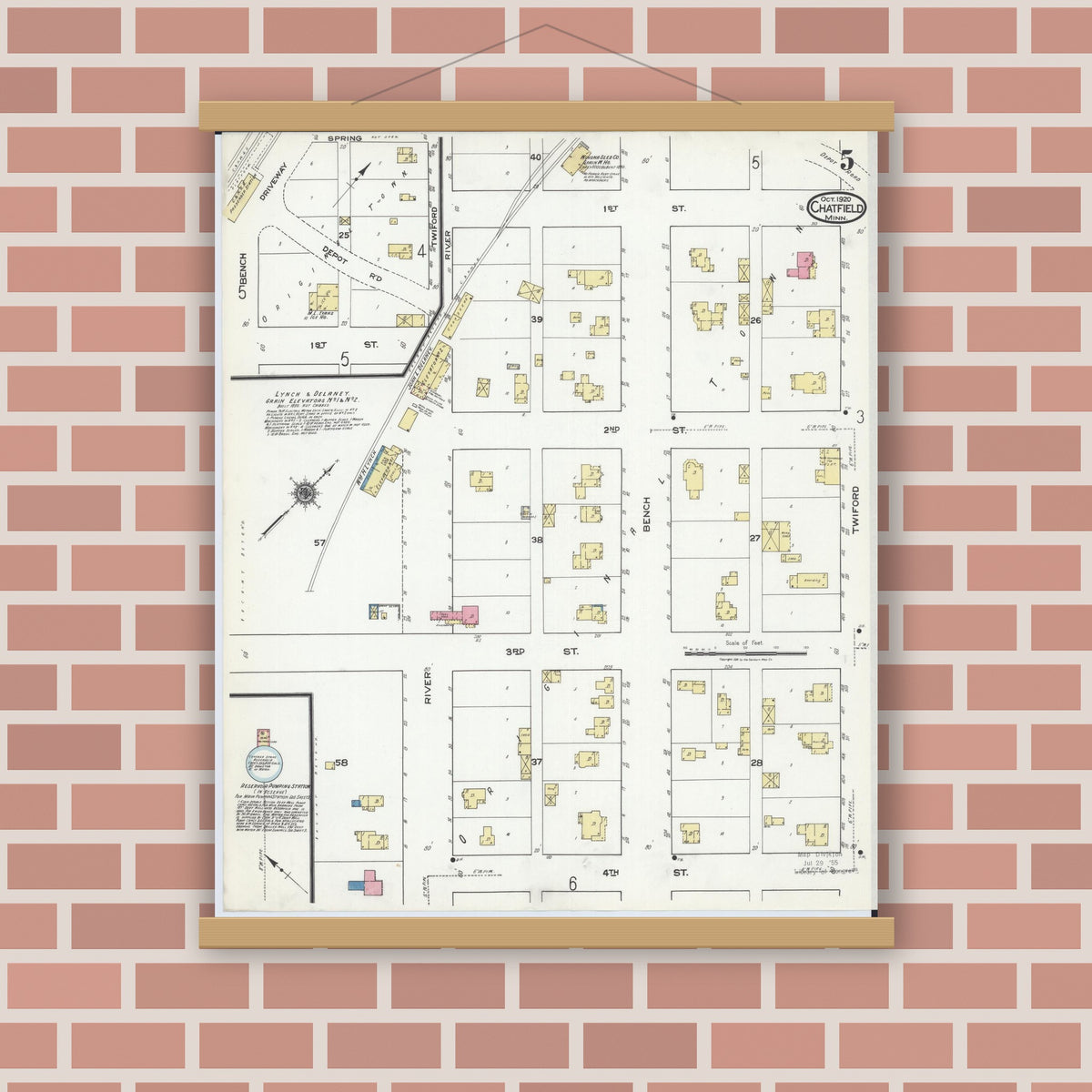 Old map wall art mockup — magnetic wood frame on brick wall — Sanborn Fire Insurance Map from Chatfield, Fillmore And Olmsted Counties, Minnesota (1920), Sheet #0005