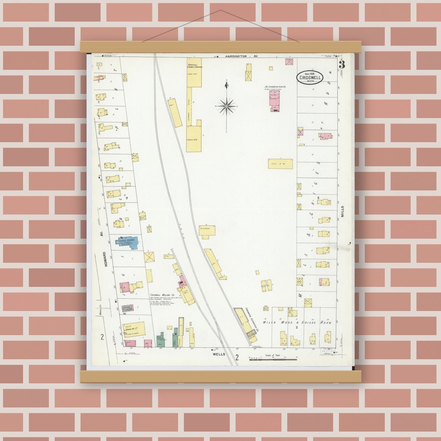 Old map wall art mockup — magnetic wood frame on brick wall — Sanborn Fire Insurance Map from Croswell, Sanilac County, Michigan (1909), Sheet #0003