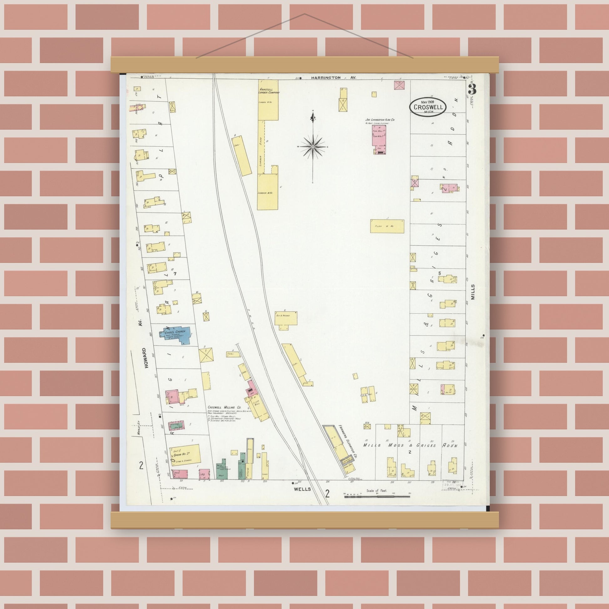 Old map wall art mockup — magnetic wood frame on brick wall — Sanborn Fire Insurance Map from Croswell, Sanilac County, Michigan (1909), Sheet #0003