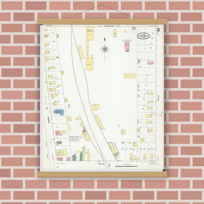 Old map wall art mockup — magnetic wood frame on brick wall — Sanborn Fire Insurance Map from Croswell, Sanilac County, Michigan (1909), Sheet #0003