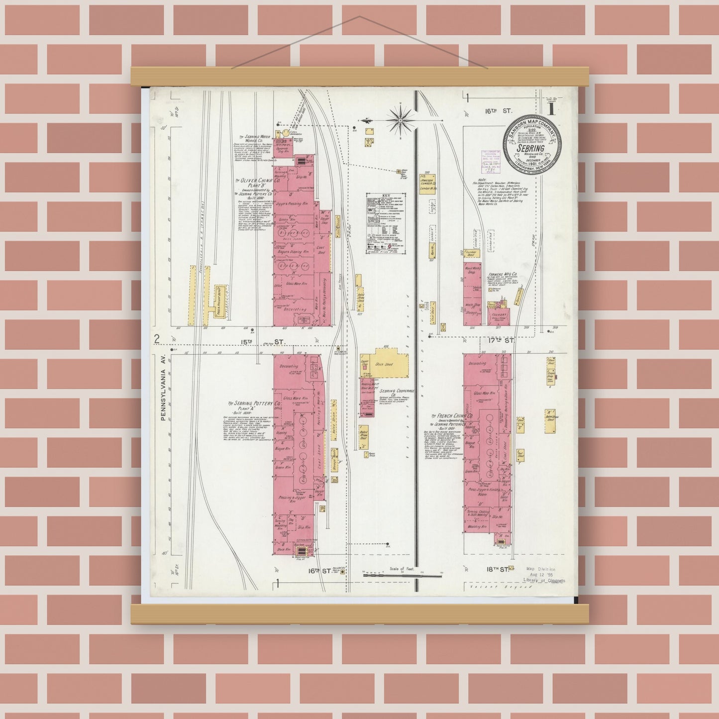 Old map wall art mockup — magnetic wood frame on brick wall — Sanborn Fire Insurance Map from Sebring, Mahoning County, Ohio (1901), Sheet #0001