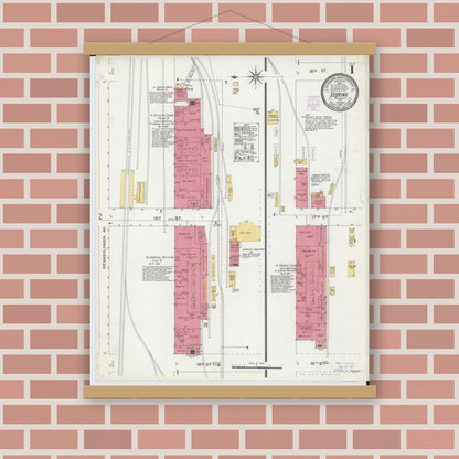 Old map wall art mockup — magnetic wood frame on brick wall — Sanborn Fire Insurance Map from Sebring, Mahoning County, Ohio (1901), Sheet #0001