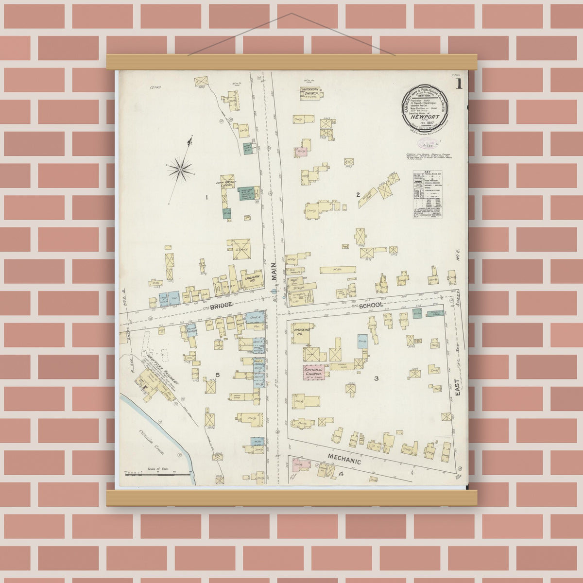 Old map wall art mockup — magnetic wood frame on brick wall — Sanborn Fire Insurance Map from Newport, Herkimer County, New York (1887) - Complete Map Set