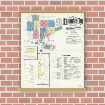 Old map wall art mockup — magnetic wood frame on brick wall — Sanborn Fire Insurance Map from Columbia City, Whitley County, Indiana (1910) - Complete Map Set