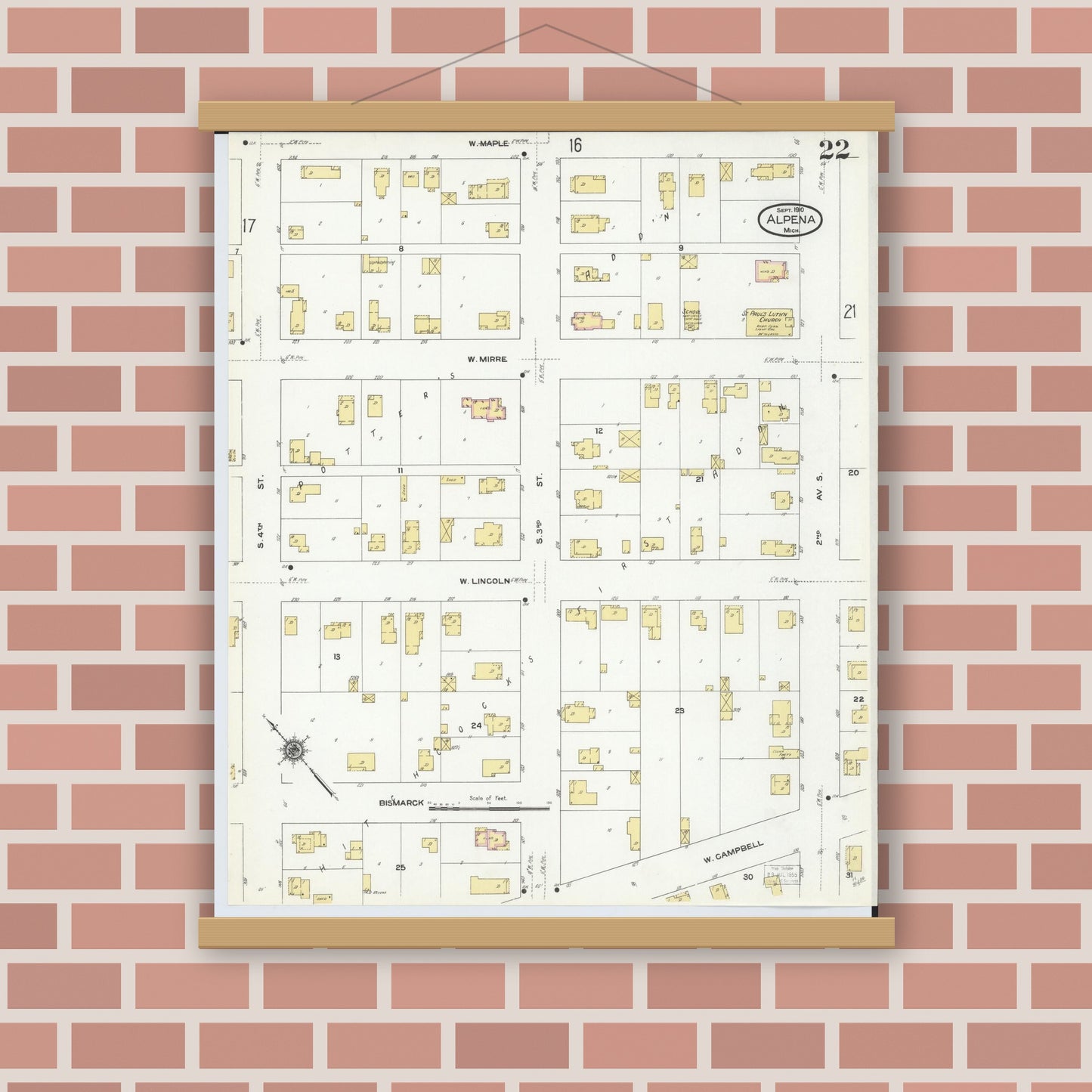 Old map wall art mockup — magnetic wood frame on brick wall — Sanborn Fire Insurance Map from Alpena, Alpena County, Michigan (1910), Sheet #0022