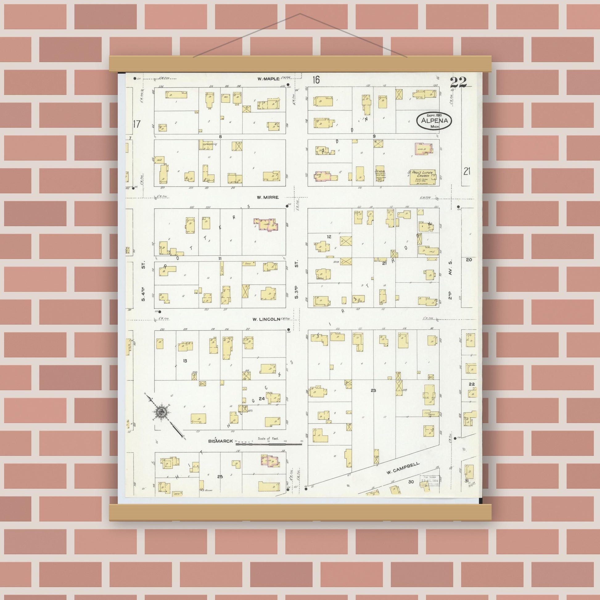 Old map wall art mockup — magnetic wood frame on brick wall — Sanborn Fire Insurance Map from Alpena, Alpena County, Michigan (1910), Sheet #0022