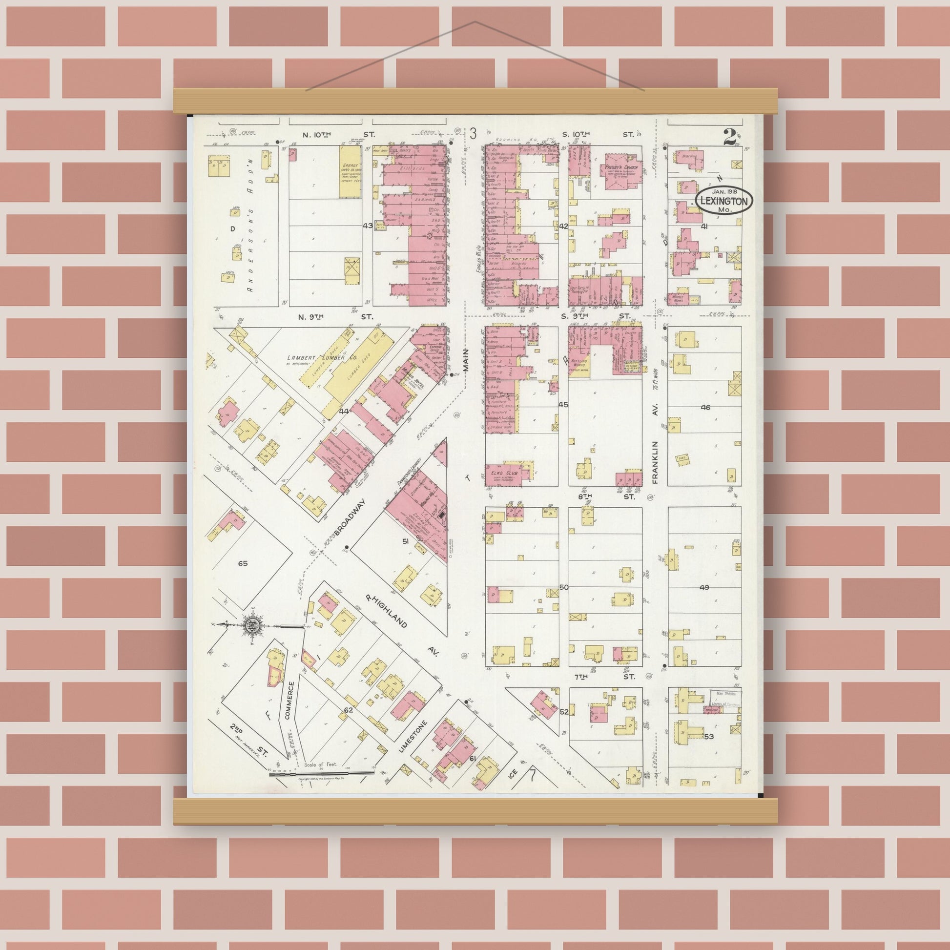 Old map wall art mockup — magnetic wood frame on brick wall — Sanborn Fire Insurance Map from Lexington, Lafayette County, Missouri (1918), Sheet #0002