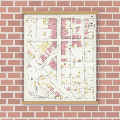 Old map wall art mockup — magnetic wood frame on brick wall — Sanborn Fire Insurance Map from Lexington, Lafayette County, Missouri (1918), Sheet #0002