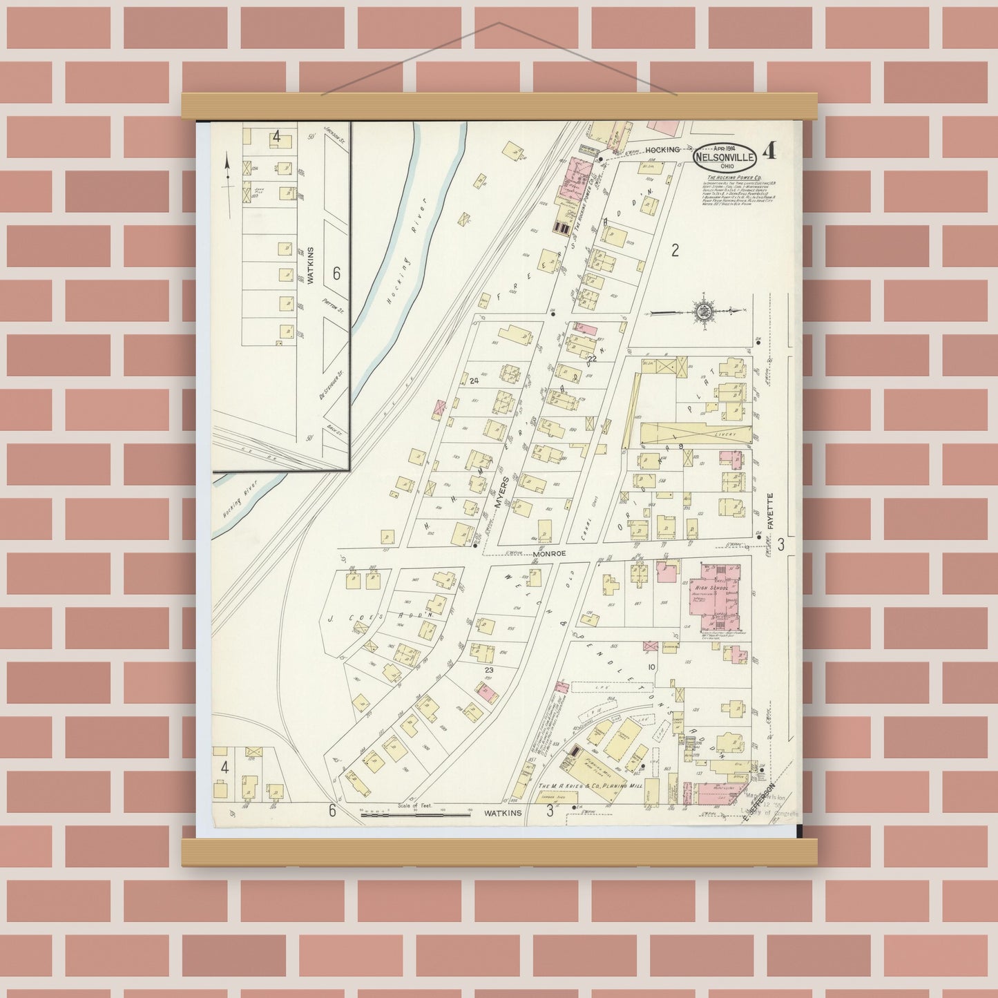 Old map wall art mockup — magnetic wood frame on brick wall — Sanborn Fire Insurance Map from Nelsonville, Athens County, Ohio (1914), Sheet #0004
