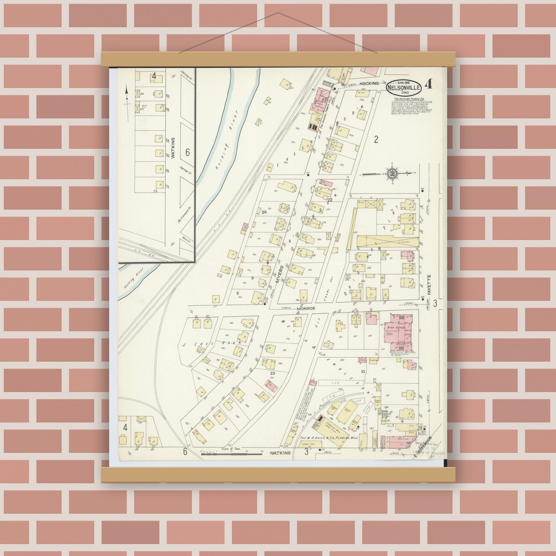 Old map wall art mockup — magnetic wood frame on brick wall — Sanborn Fire Insurance Map from Nelsonville, Athens County, Ohio (1914), Sheet #0004