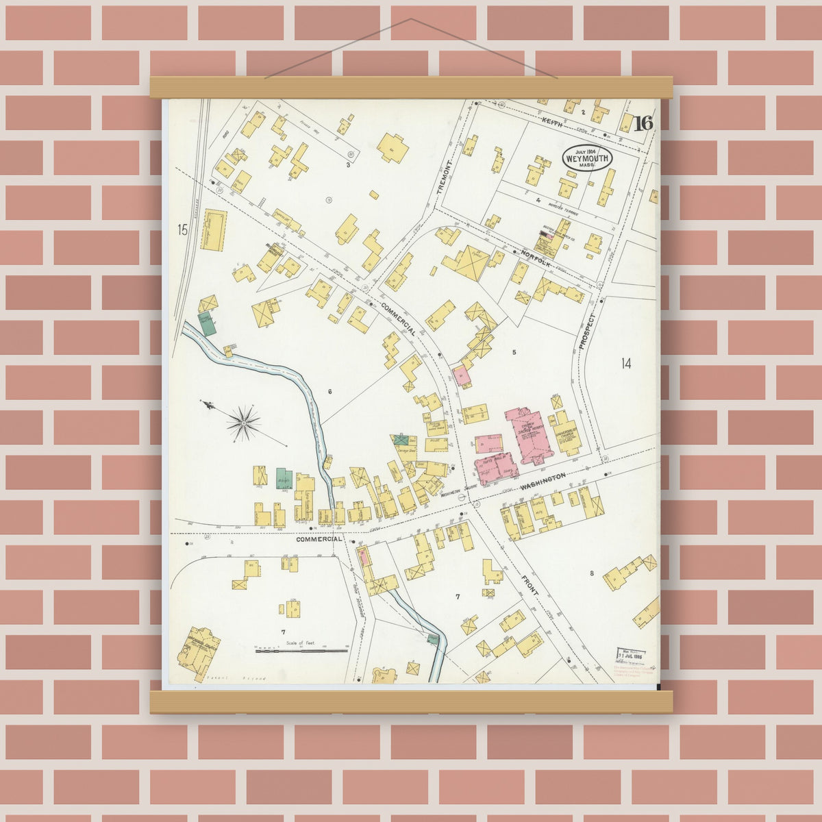Old map wall art mockup — magnetic wood frame on brick wall — Sanborn Fire Insurance Map from Weymouth, Norfolk County, Massachusetts (1904), Sheet #0016