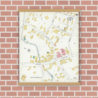 Old map wall art mockup — magnetic wood frame on brick wall — Sanborn Fire Insurance Map from Weymouth, Norfolk County, Massachusetts (1904), Sheet #0016