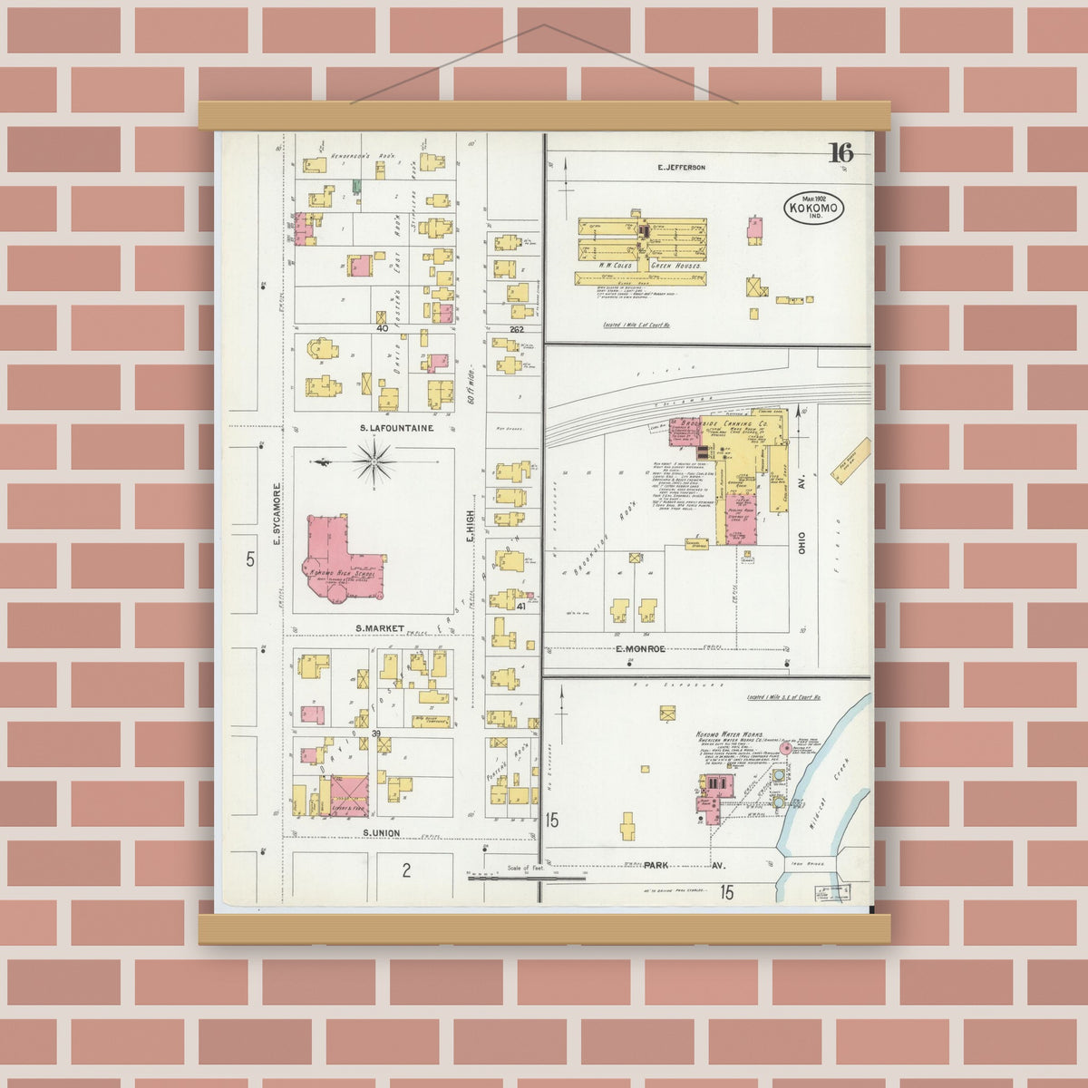 Old map wall art mockup — magnetic wood frame on brick wall — Sanborn Fire Insurance Map from Kokomo, Howard County, Indiana (1902), Sheet #0016