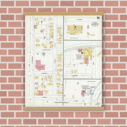 Old map wall art mockup — magnetic wood frame on brick wall — Sanborn Fire Insurance Map from Kokomo, Howard County, Indiana (1902), Sheet #0016