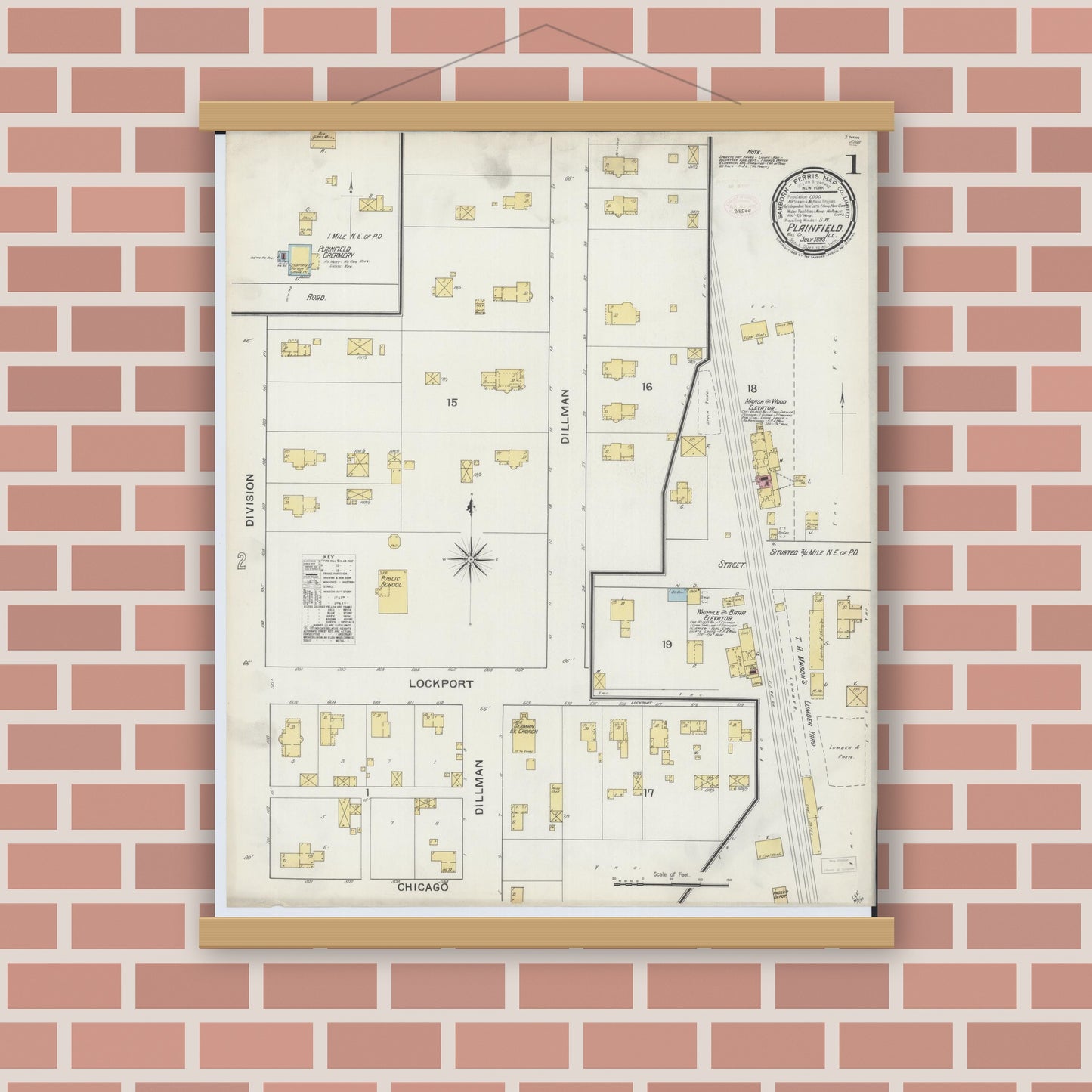 Old map wall art mockup — magnetic wood frame on brick wall — Sanborn Fire Insurance Map from Plainfield, Will County, Illinois (1893), Sheet #0001