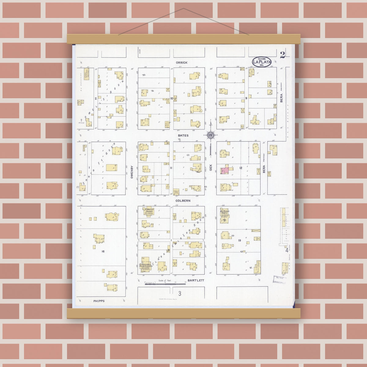 Old map wall art mockup — magnetic wood frame on brick wall — Sanborn Fire Insurance Map from La Plata, Macon County, Missouri (1916), Sheet #0002
