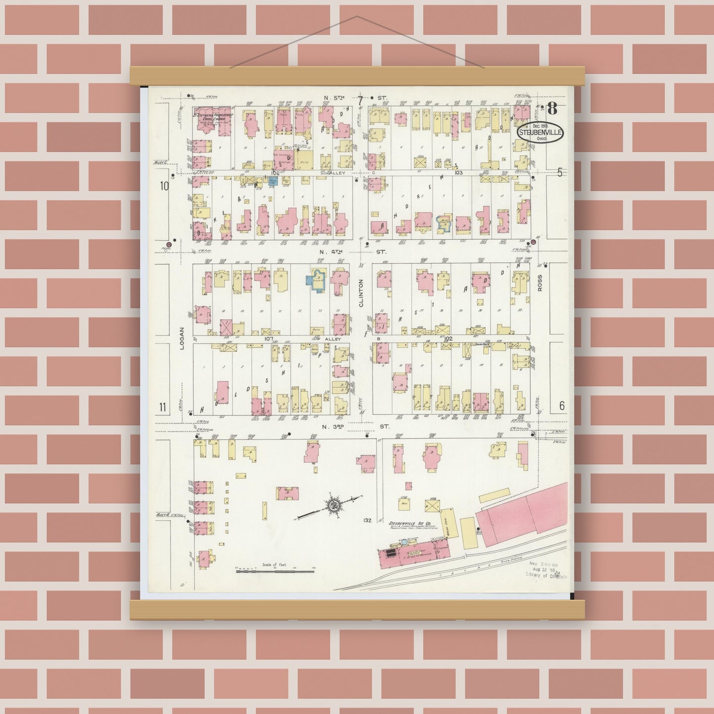 Old map wall art mockup — magnetic wood frame on brick wall — Sanborn Fire Insurance Map from Steubenville, Jefferson County, Ohio (1913), Sheet #0008