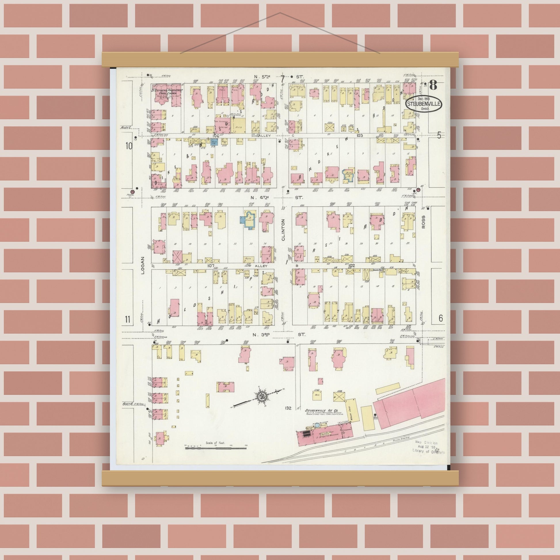 Old map wall art mockup — magnetic wood frame on brick wall — Sanborn Fire Insurance Map from Steubenville, Jefferson County, Ohio (1913), Sheet #0008