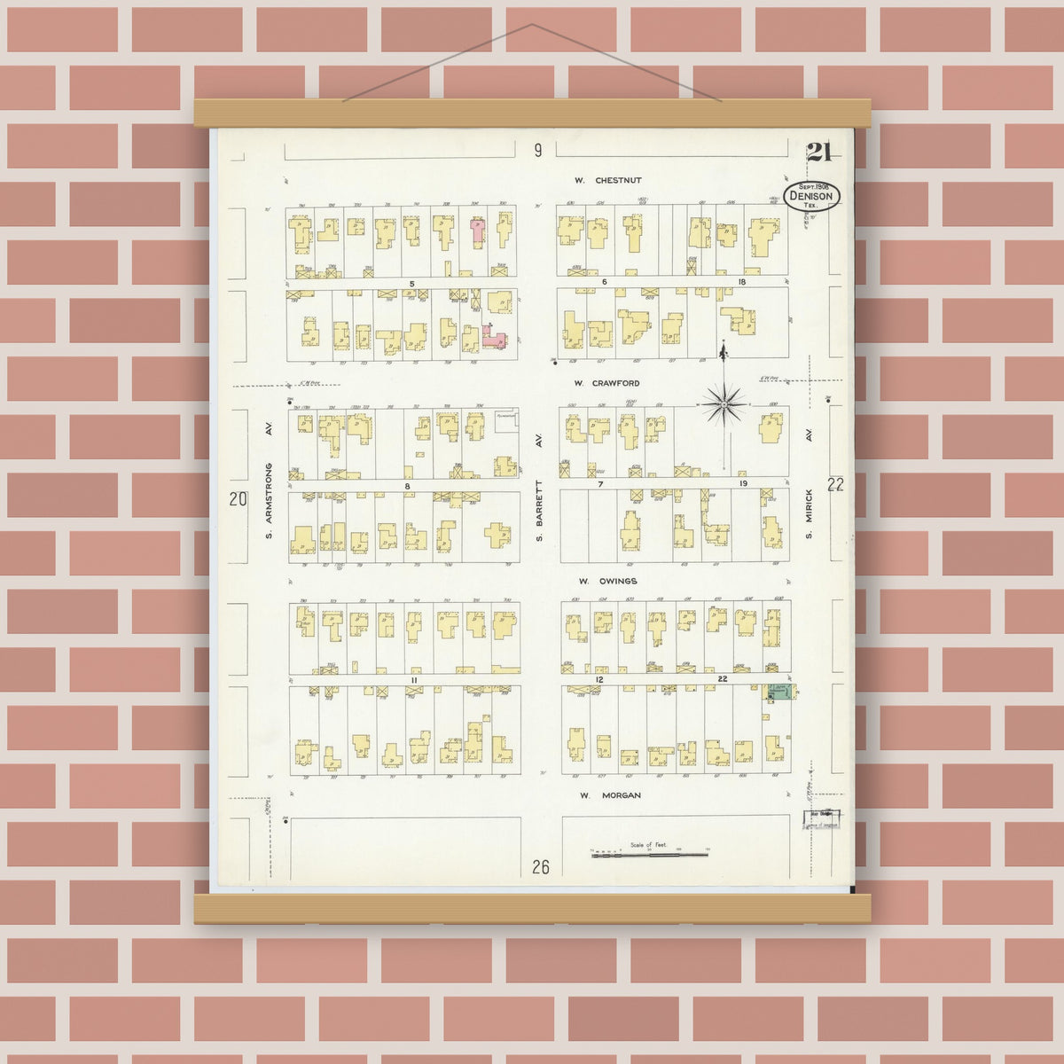 Old map wall art mockup — magnetic wood frame on brick wall — Sanborn Fire Insurance Map from Denison, Grayson County, Texas (1908), Sheet #0021