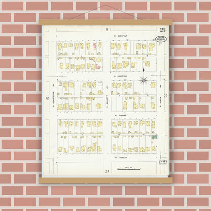Old map wall art mockup — magnetic wood frame on brick wall — Sanborn Fire Insurance Map from Denison, Grayson County, Texas (1908), Sheet #0021