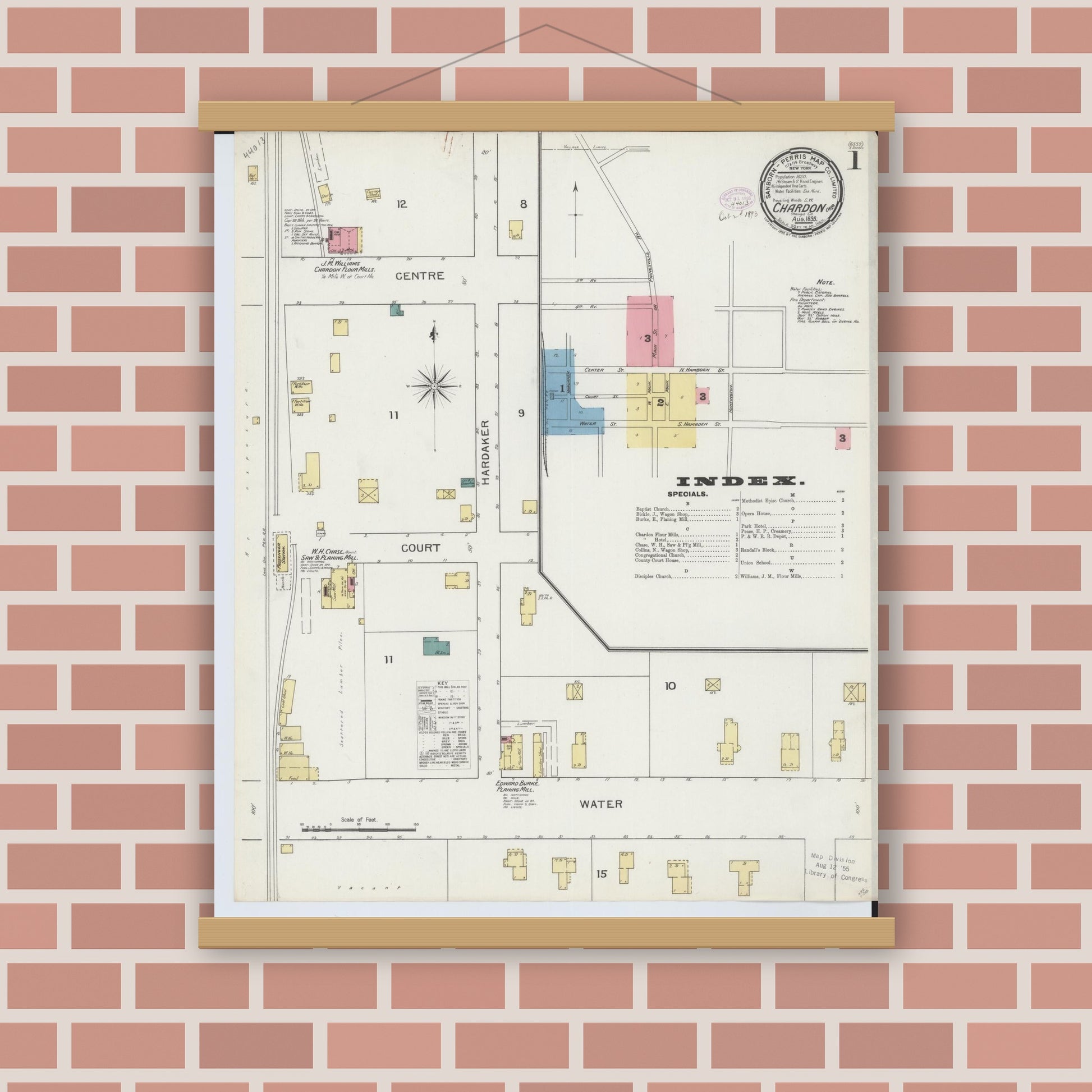 Old map wall art mockup — magnetic wood frame on brick wall — Sanborn Fire Insurance Map from Chardon, Geauga County, Ohio (1893) - Complete Map Set