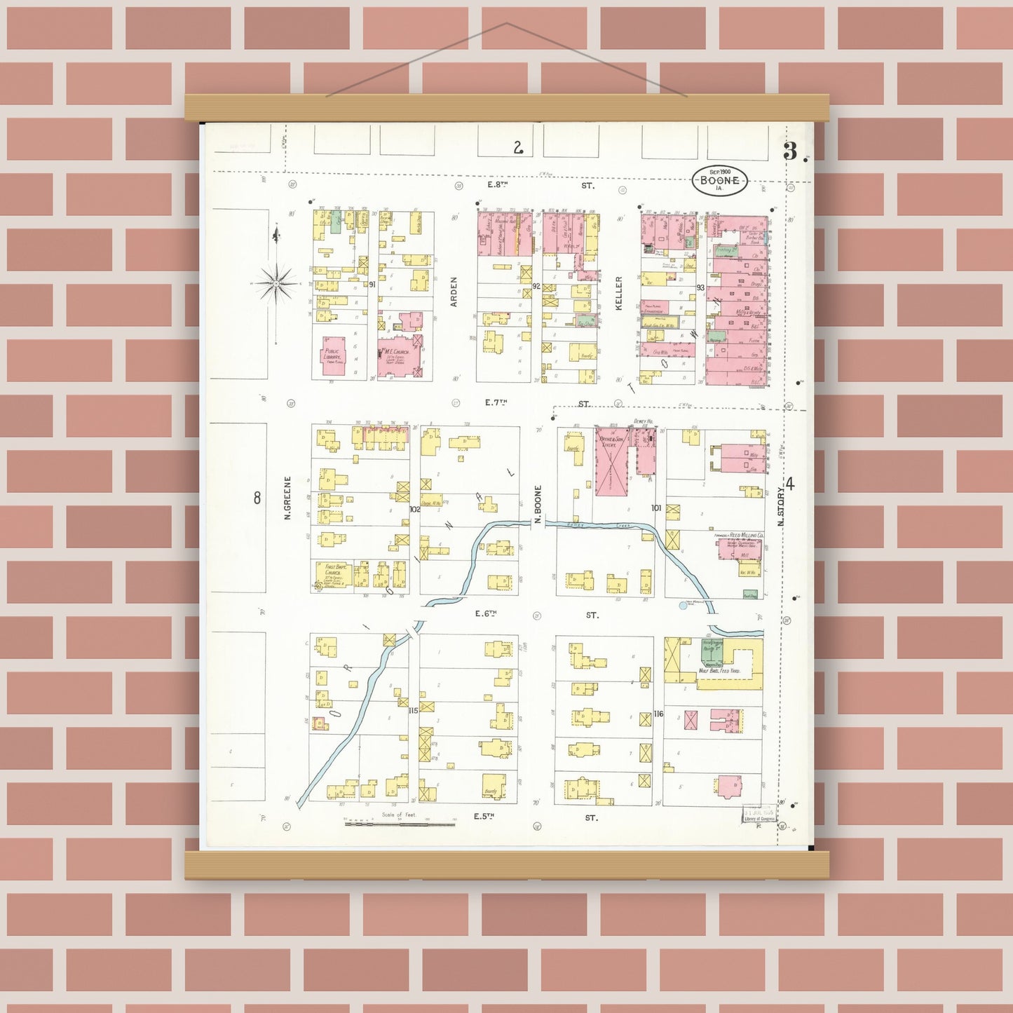 Old map wall art mockup — magnetic wood frame on brick wall — Sanborn Fire Insurance Map from Boone, Boone County, Iowa (1900), Sheet #0003