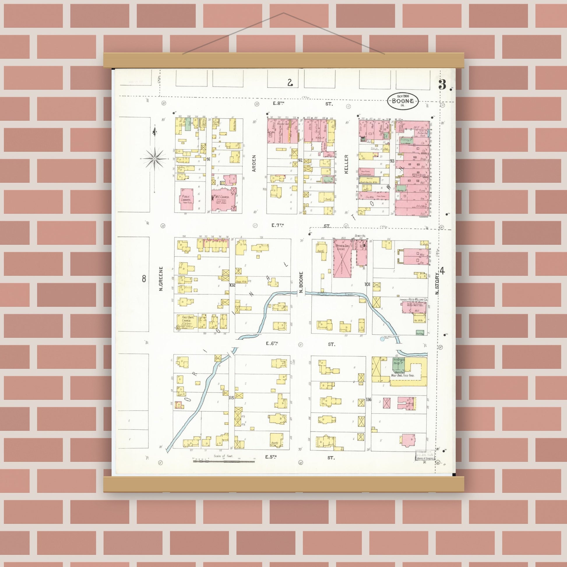 Old map wall art mockup — magnetic wood frame on brick wall — Sanborn Fire Insurance Map from Boone, Boone County, Iowa (1900), Sheet #0003
