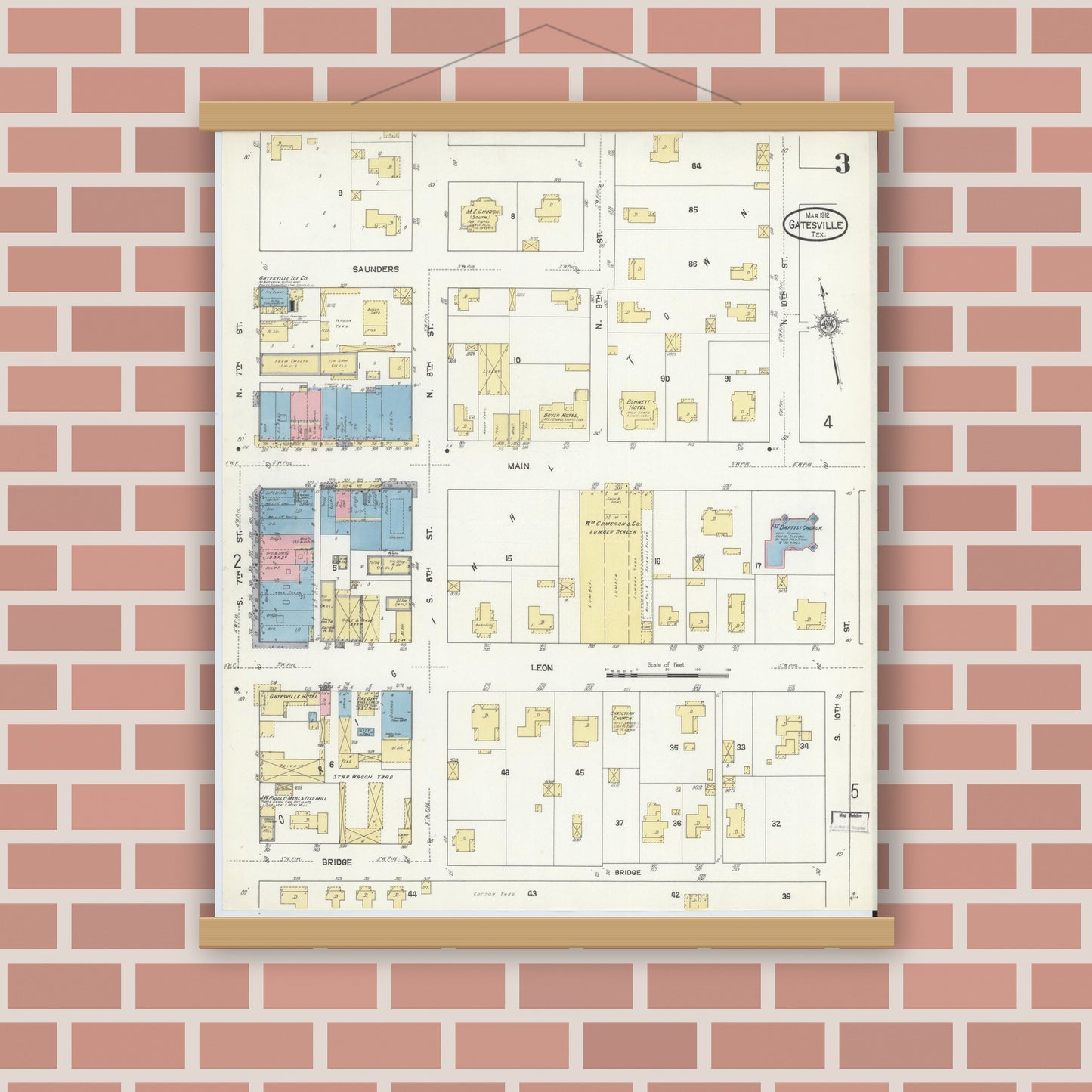 Old map wall art mockup — magnetic wood frame on brick wall — Sanborn Fire Insurance Map from Gatesville, Coryell County, Texas (1912), Sheet #0003