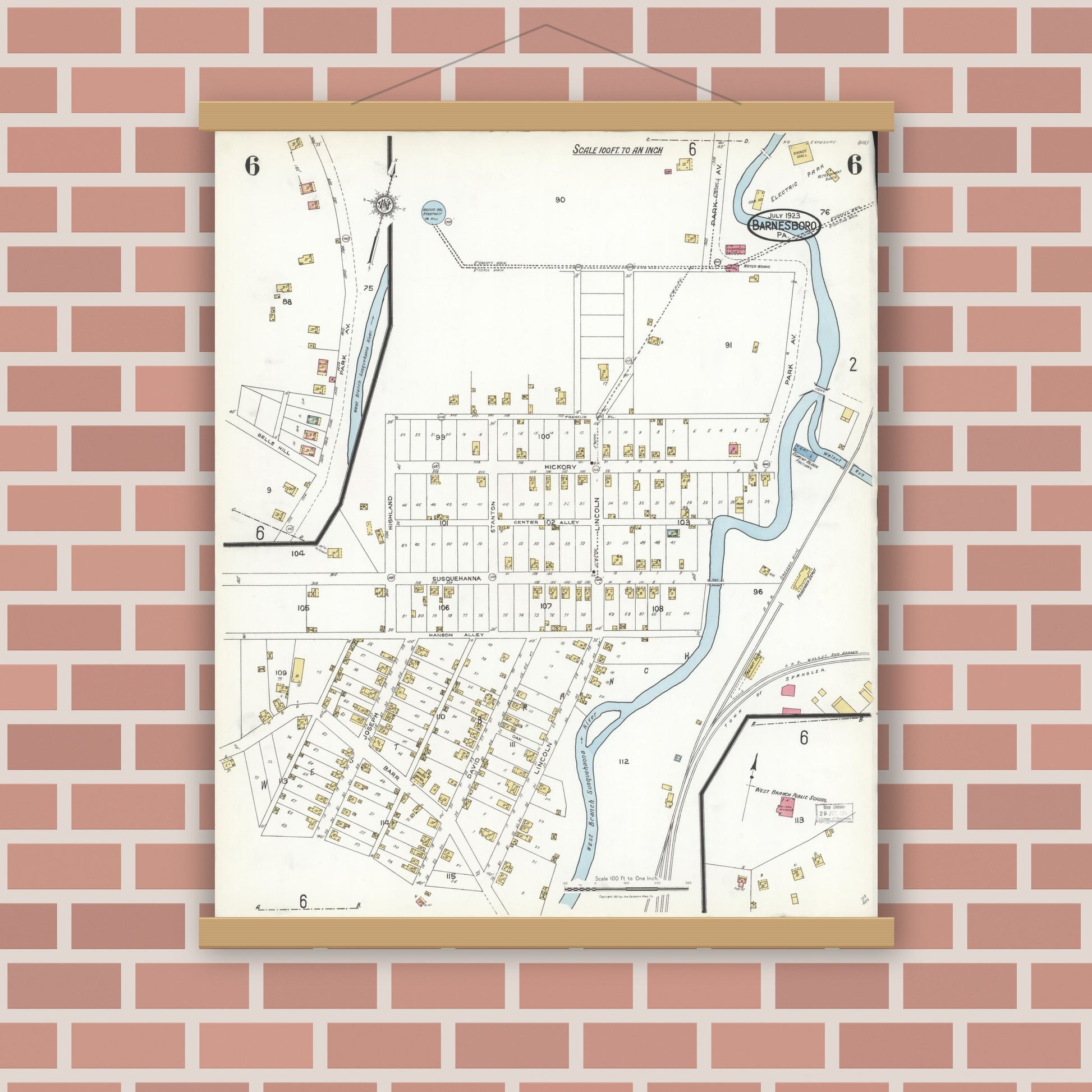 Old map wall art mockup — magnetic wood frame on brick wall — Sanborn Fire Insurance Map from Barnesboro, Cambria County, Pennsylvania (1923), Sheet #0006