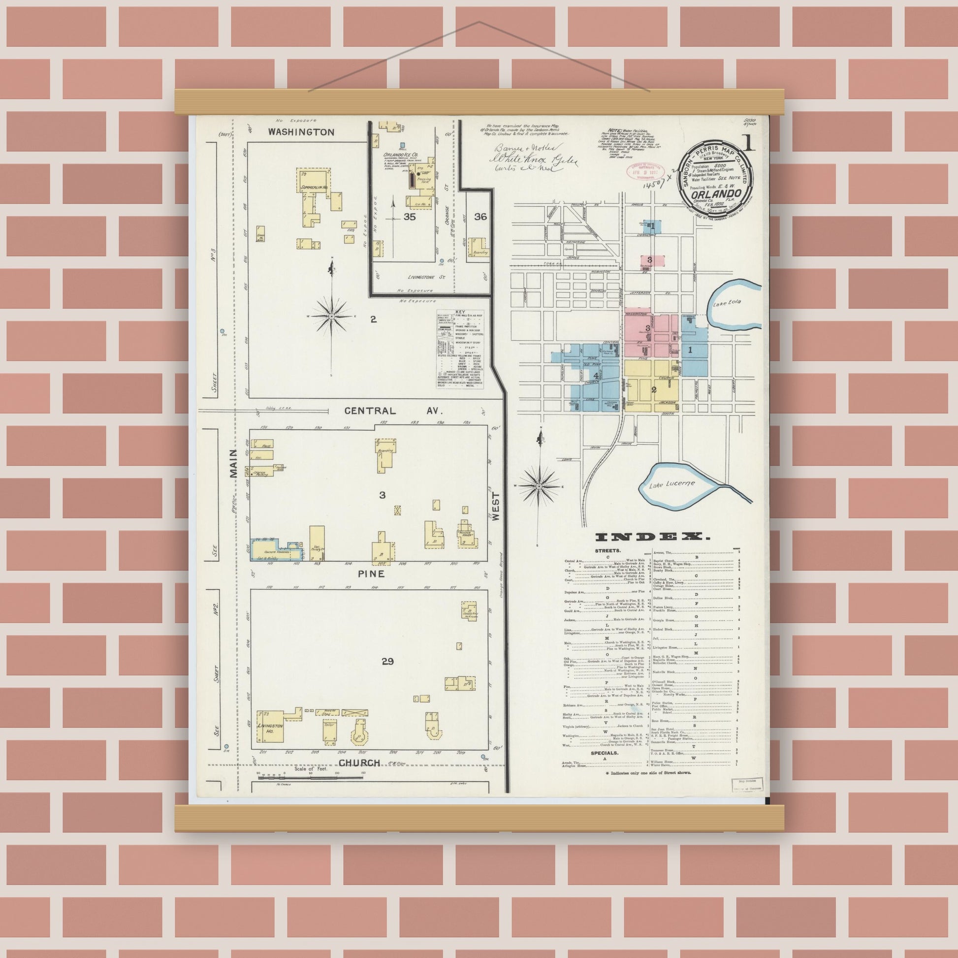 Old map wall art mockup — magnetic wood frame on brick wall — Sanborn Fire Insurance Map from Orlando, Orange County, Florida (1892), Sheet #0001