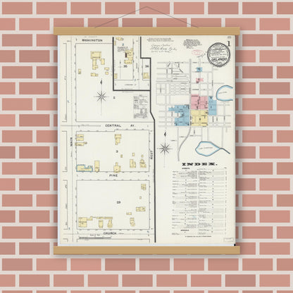 Old map wall art mockup — magnetic wood frame on brick wall — Sanborn Fire Insurance Map from Orlando, Orange County, Florida (1892), Sheet #0001