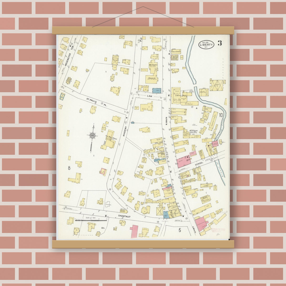 Old map wall art mockup — magnetic wood frame on brick wall — Sanborn Fire Insurance Map from Liberty, Sullivan County, New York (1911), Sheet #0003