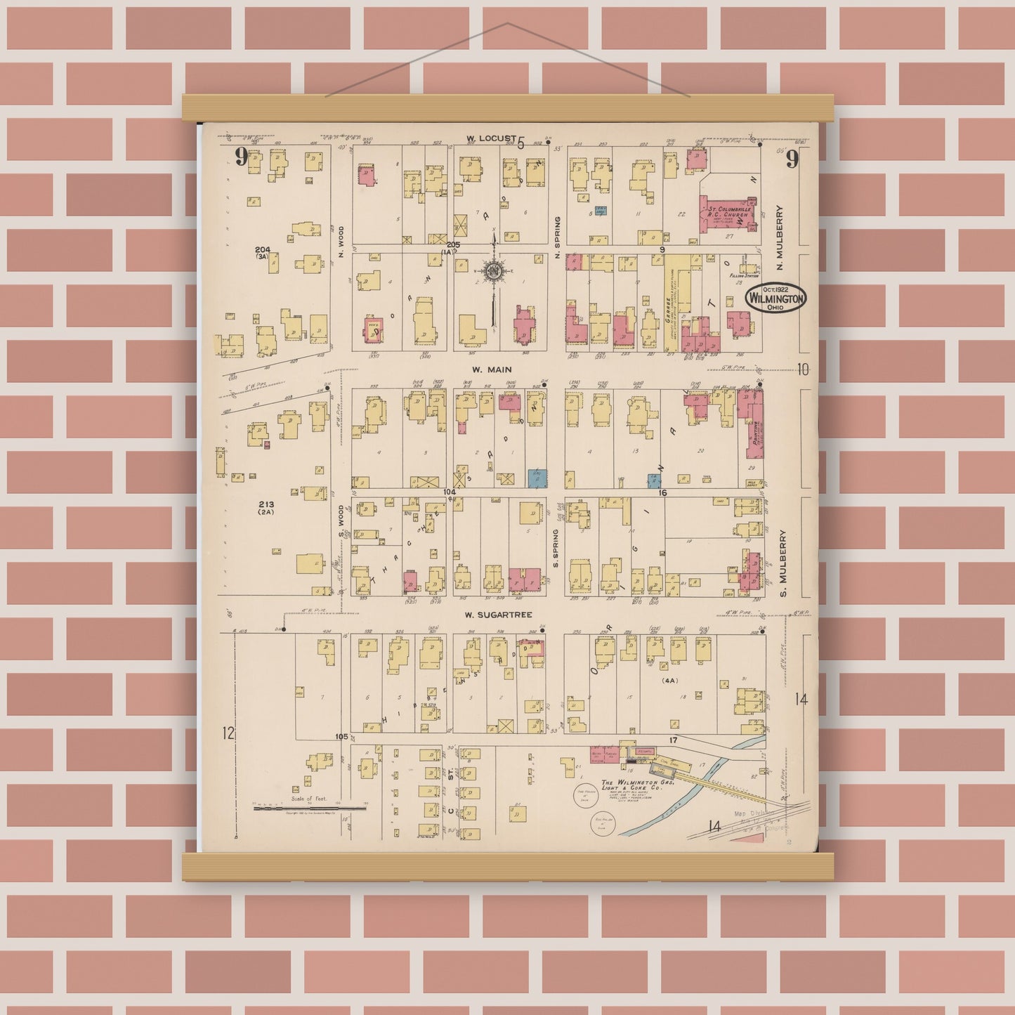 Old map wall art mockup — magnetic wood frame on brick wall — Sanborn Fire Insurance Map from Wilmington, Clinton County, Ohio (1922), Sheet #0009