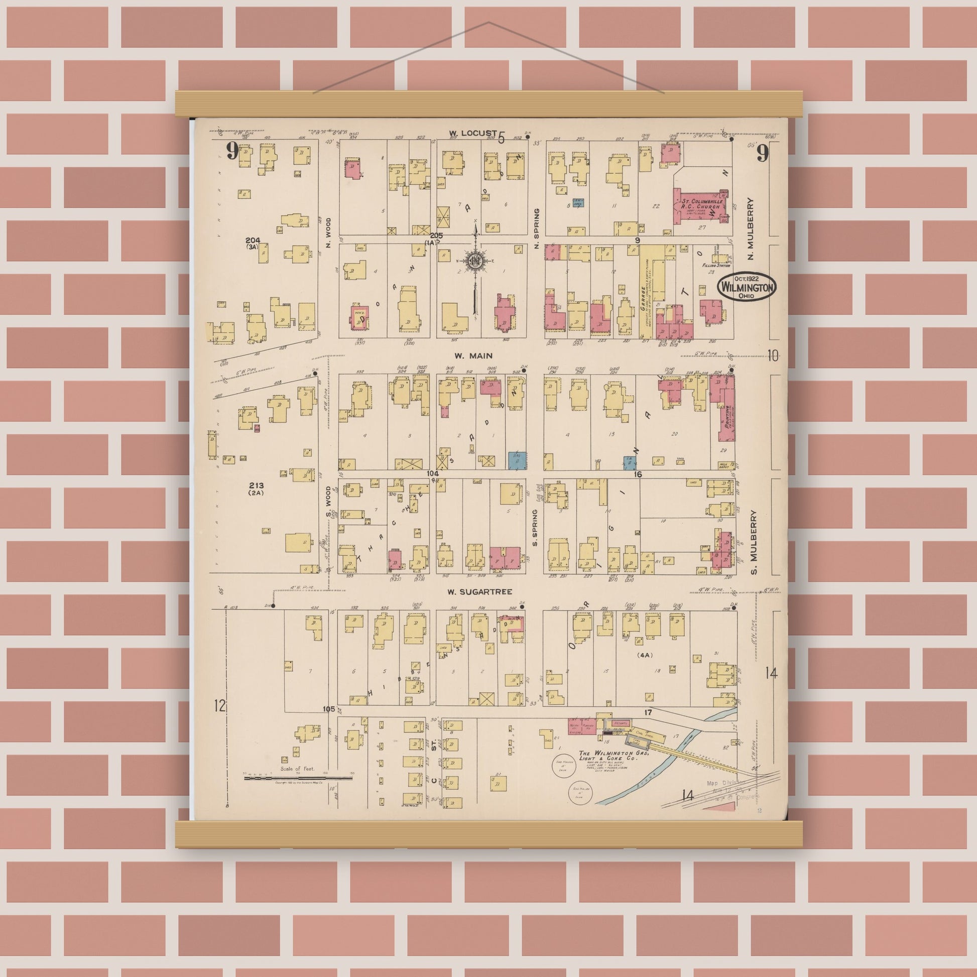 Old map wall art mockup — magnetic wood frame on brick wall — Sanborn Fire Insurance Map from Wilmington, Clinton County, Ohio (1922), Sheet #0009