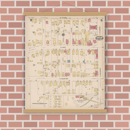 Old map wall art mockup — magnetic wood frame on brick wall — Sanborn Fire Insurance Map from Wilmington, Clinton County, Ohio (1922), Sheet #0009