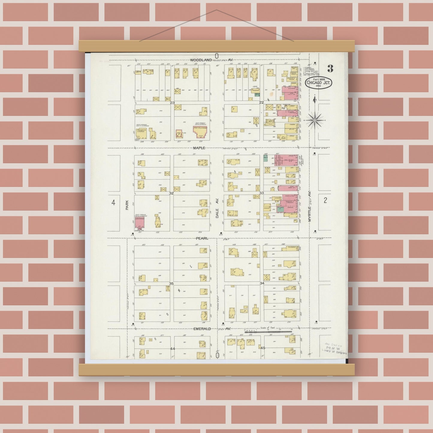 Old map wall art mockup — magnetic wood frame on brick wall — Sanborn Fire Insurance Map from Chicago Junction, Huron County, Ohio (1899), Sheet #0003