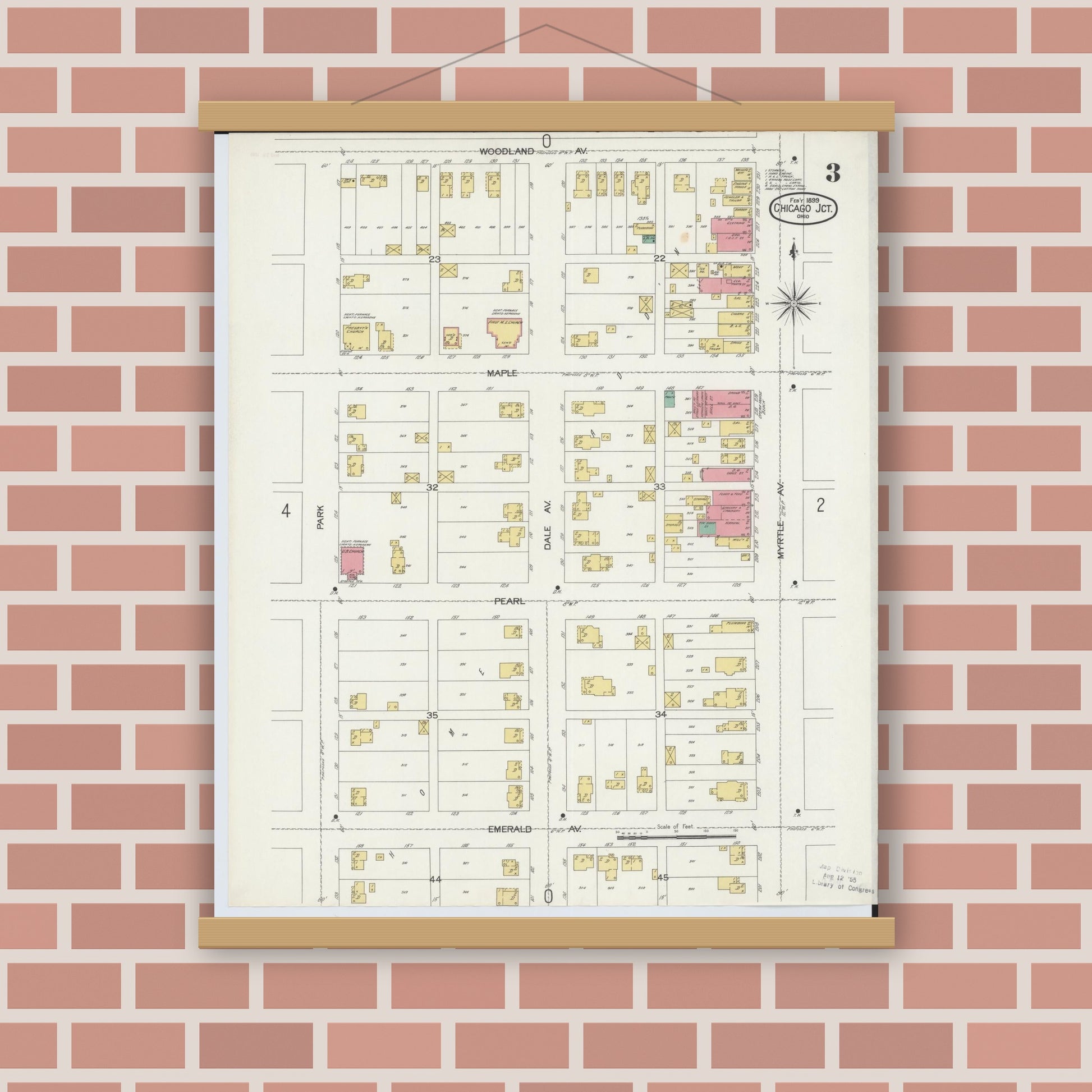 Old map wall art mockup — magnetic wood frame on brick wall — Sanborn Fire Insurance Map from Chicago Junction, Huron County, Ohio (1899), Sheet #0003