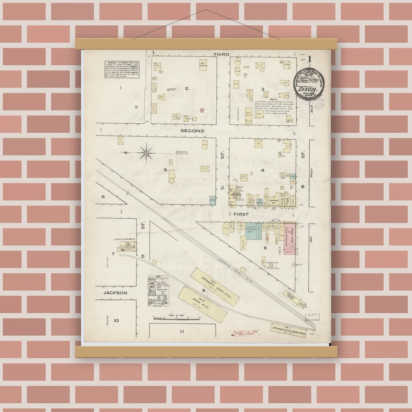 Old map wall art mockup — magnetic wood frame on brick wall — Sanborn Fire Insurance Map from Dixon, Solano County, California (1884) - Complete Map Set