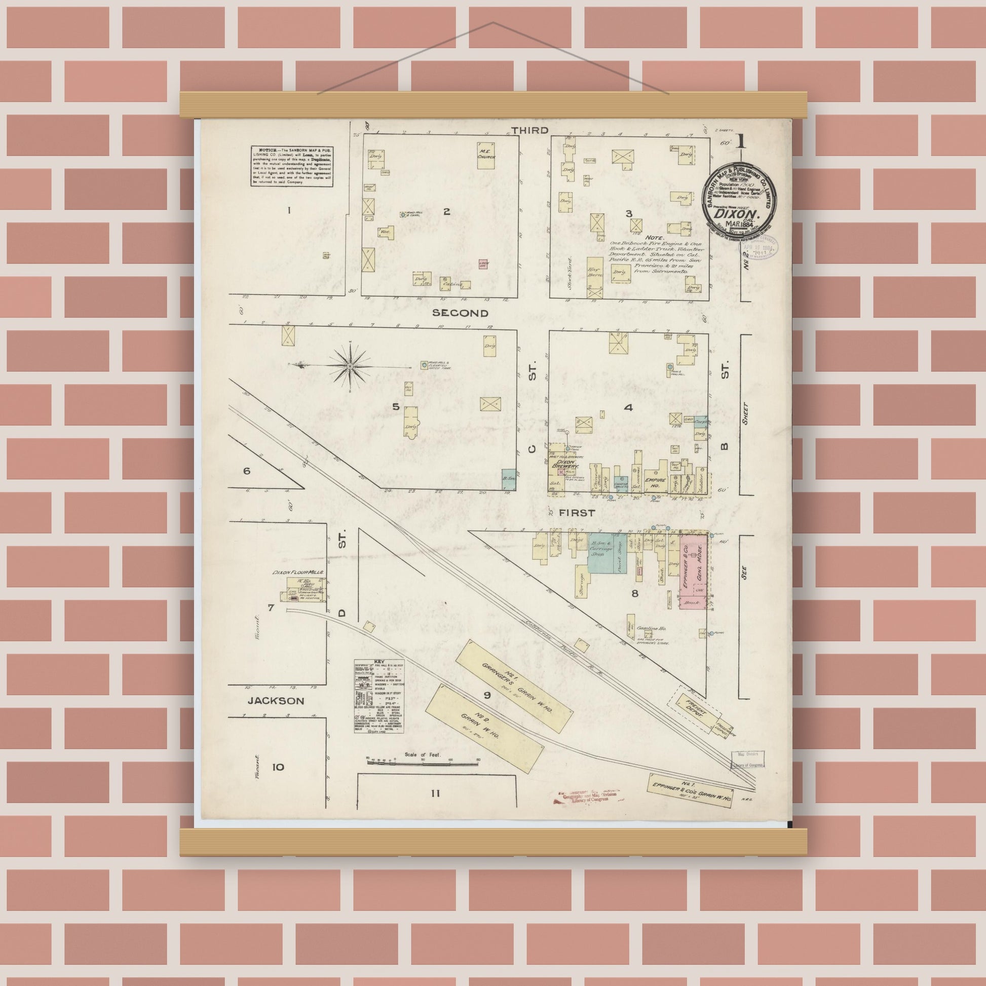 Old map wall art mockup — magnetic wood frame on brick wall — Sanborn Fire Insurance Map from Dixon, Solano County, California (1884) - Complete Map Set