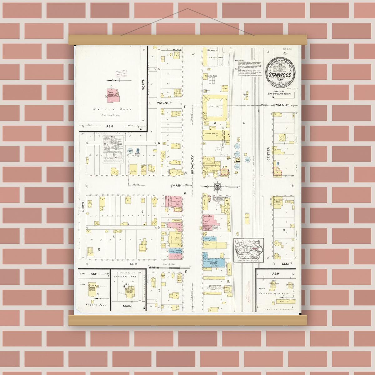Old map wall art mockup — magnetic wood frame on brick wall — Sanborn Fire Insurance Map from Stanwood, Cedar County, Iowa (1915), Sheet #0001