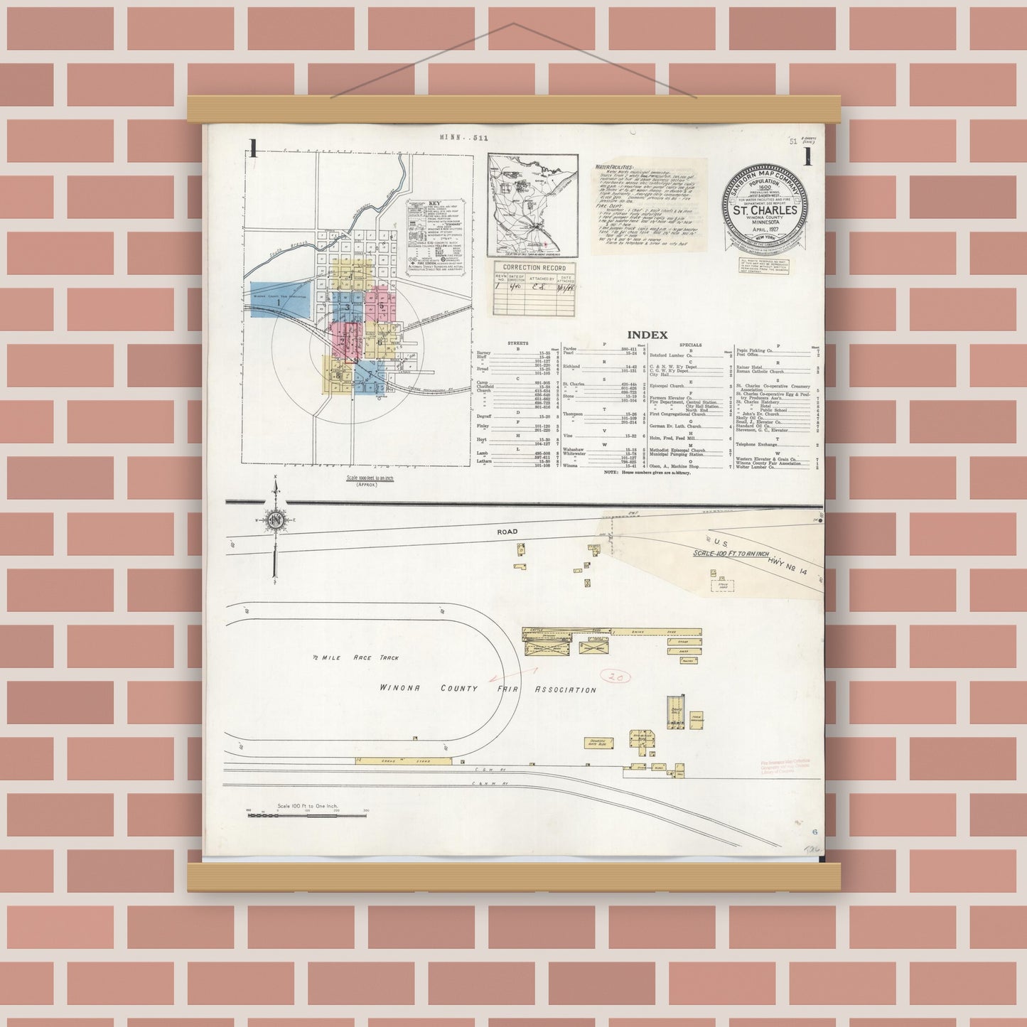 Old map wall art mockup — magnetic wood frame on brick wall — Sanborn Fire Insurance Map from Saint Charles, Winona County, Minnesota (1940), Sheet #0001