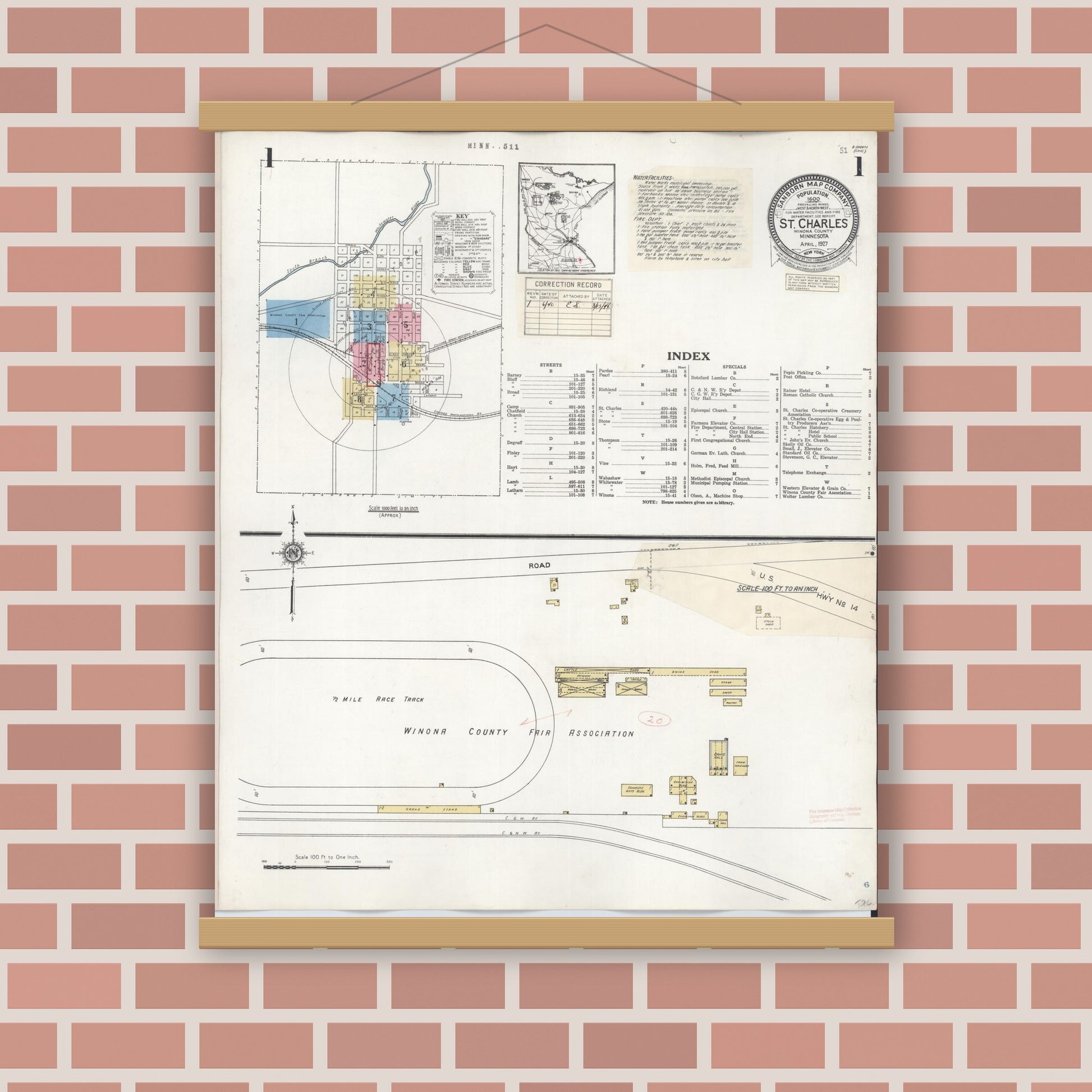 Old map wall art mockup — magnetic wood frame on brick wall — Sanborn Fire Insurance Map from Saint Charles, Winona County, Minnesota (1940), Sheet #0001