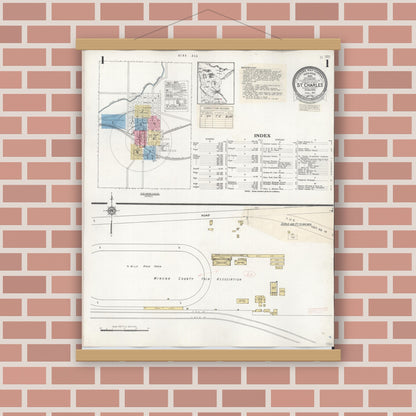 Old map wall art mockup — magnetic wood frame on brick wall — Sanborn Fire Insurance Map from Saint Charles, Winona County, Minnesota (1940), Sheet #0001