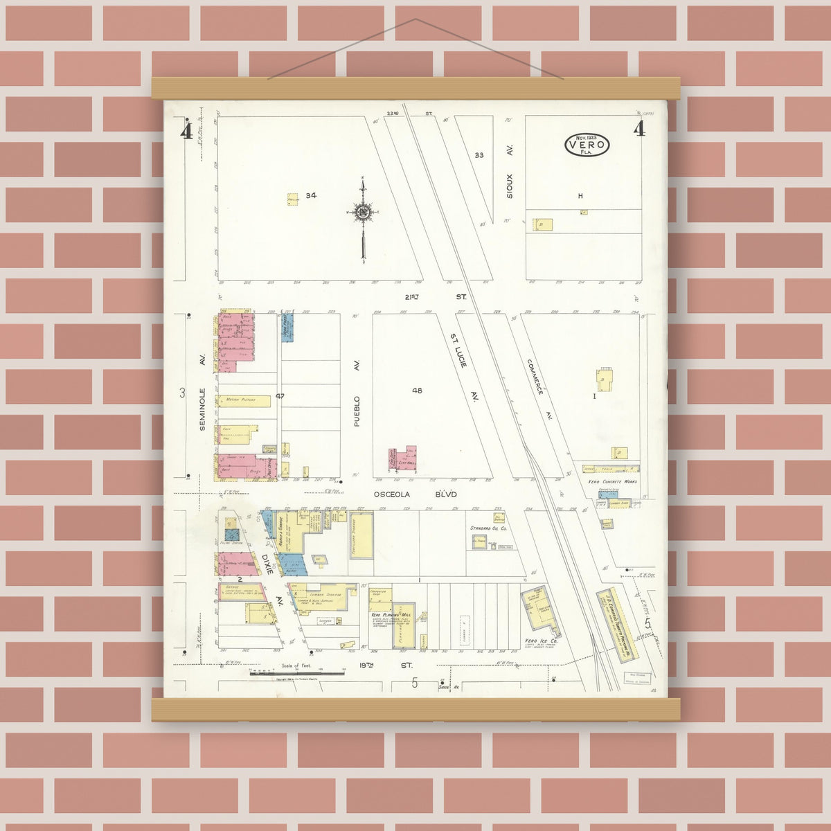 Old map wall art mockup — magnetic wood frame on brick wall — Sanborn Fire Insurance Map from Vero Beach, Indian River County, Florida (1923), Sheet #0004