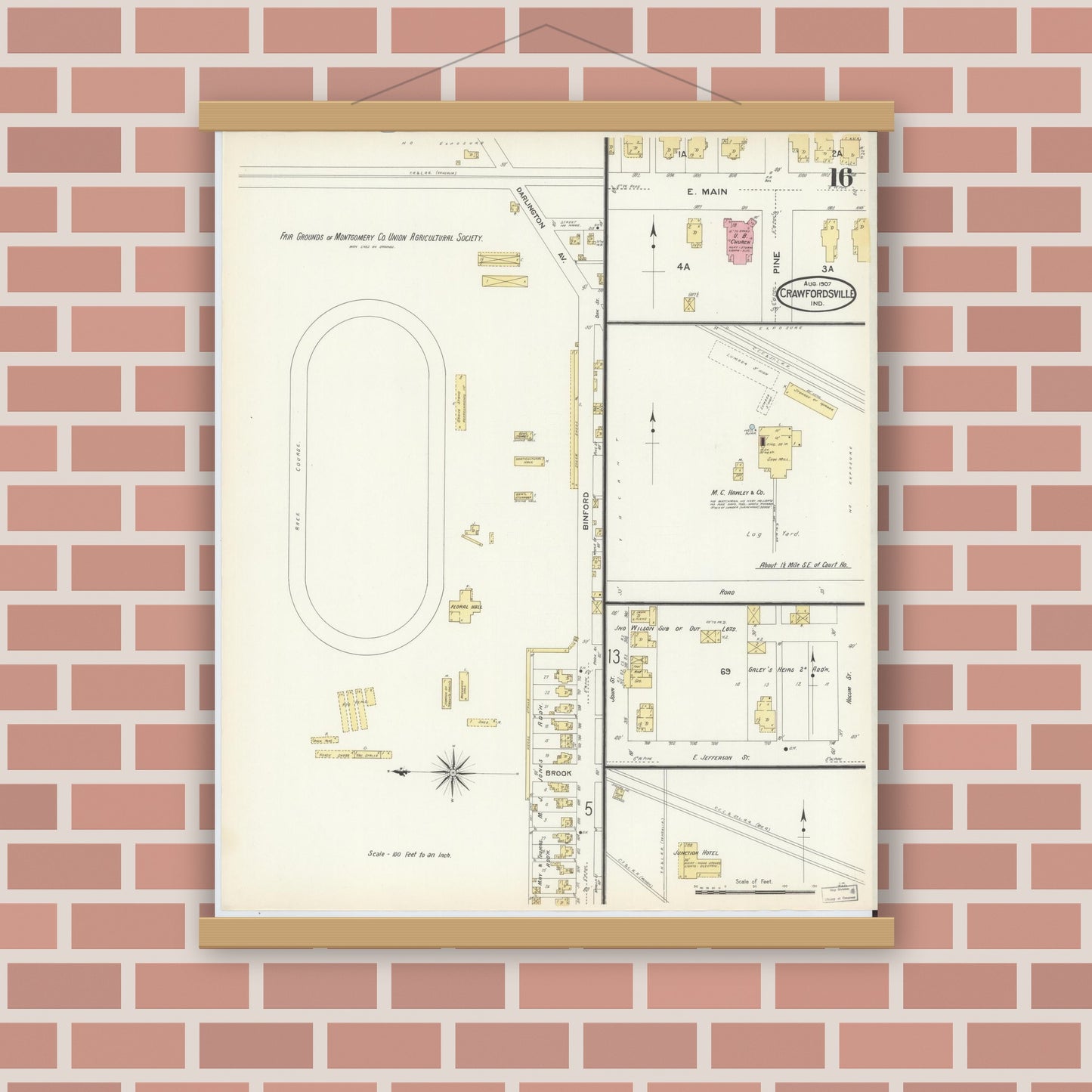Old map wall art mockup — magnetic wood frame on brick wall — Sanborn Fire Insurance Map from Crawfordsville, Montgomery County, Indiana (1907), Sheet #0016